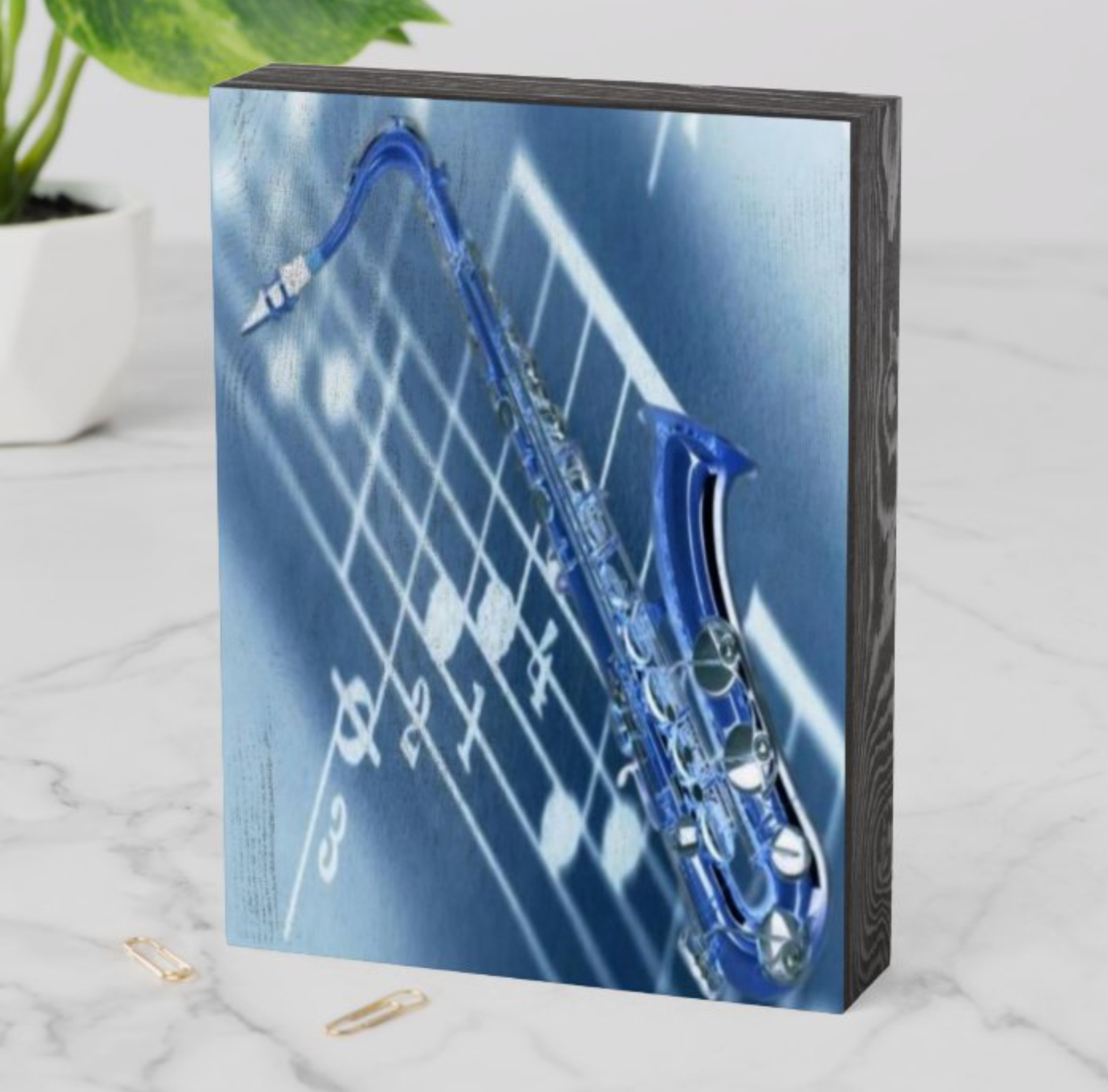 Blue Saxophone Wooden Box Sign