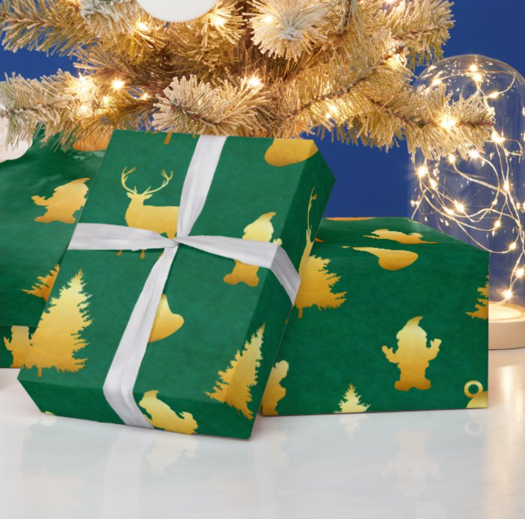 Gold Foil Santa Faux Green Wrapping Paper