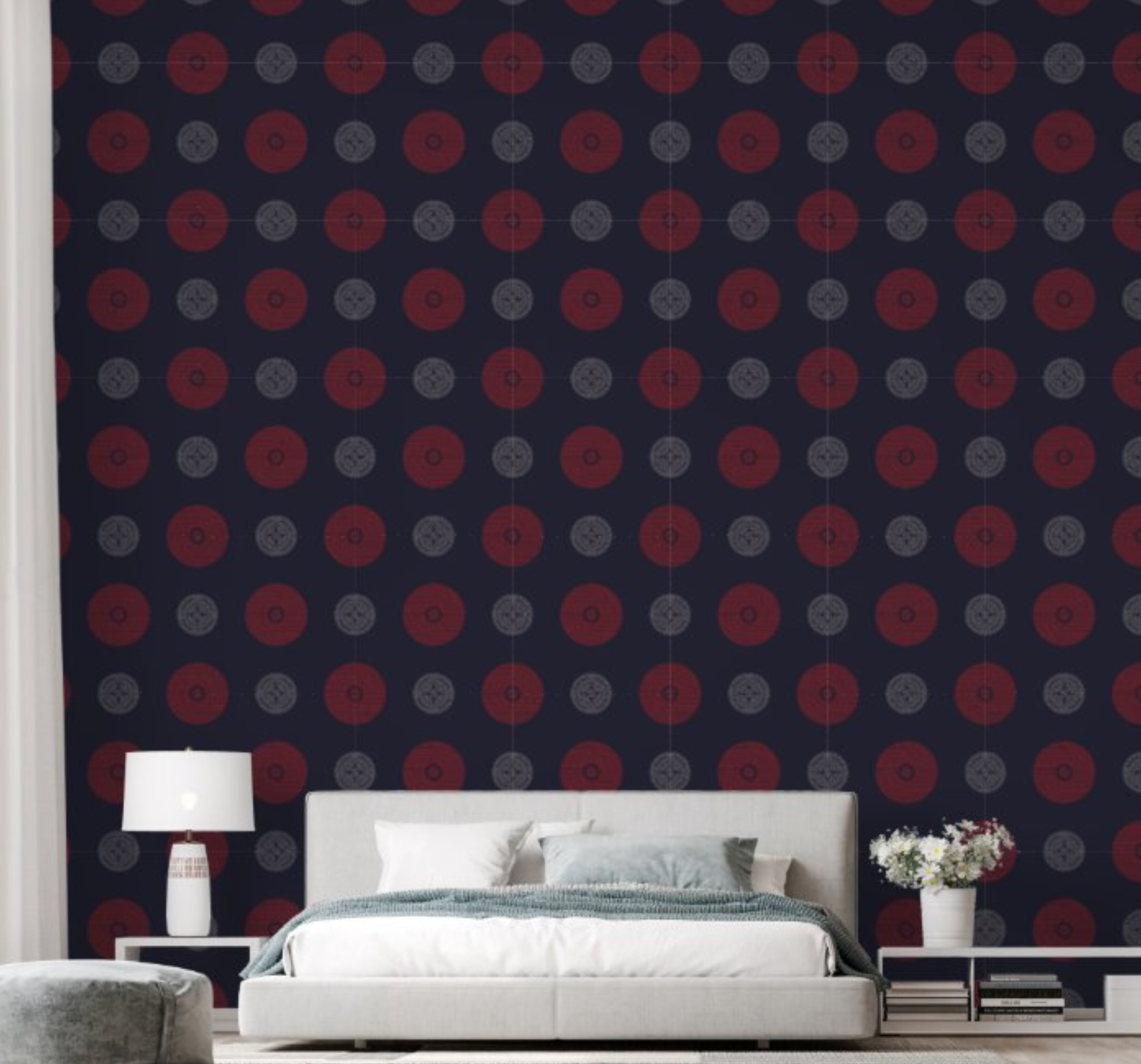 Modern Red and White Art Deco Circles Wallpaper